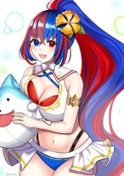 1girls :d alear_(female)_(fire_emblem) alear_(female)_(seaside_dragon)_(fire_emblem) alear_(fire_emblem) alternate_costume alternate_hairstyle armlet bare_shoulders bikini blue_bikini blue_eyes blue_hair blue_swimsuit breast_press breasts cleavage cowboy_shot female female_only fire_emblem fire_emblem_engage fire_emblem_heroes highres large_breasts long_hair looking_at_viewer multicolored_hair navel nintendo official_alternate_costume official_alternate_hairstyle open_mouth otokajife ponytail red_bikini red_eyes red_hair red_swimsuit smile sommie_(fire_emblem) standing stomach streaked_hair swimsuit very_long_hair white_background white_bikini white_swimsuit