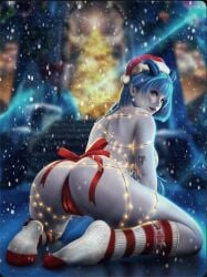 blue_hair blue_horn blvckart66 christmas_headwear christmas_lights dahlia_(outerplane) female hi_res high_resolution highres looking_at_viewer looking_back on_knees outerplane sitting_on_knees snow socks visible_underwear white_skin yellow_eyes