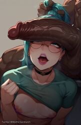 ai_generated aqua_hair choker dark-skinned_male femboy glasses hair_grab interracial league_of_legends mythic_sandwich mythicsandwich penis_on_face pink_lipstick seraphine_(league_of_legends) shirt_lift sweat