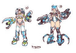 2024 armored_femalemidriff battlemech battletech bellybutton big_breasts blue_eyes blue_hair concept_art female king_crab_(battlemech) mech mecha mechagirl mechwarrior red_eyes shikai_(artist) short_hair tagme twintails underboob white_hair