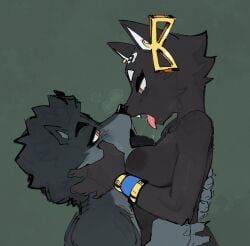 1boy 1girls anthro black_fur body_fur bracelet brown_eyes canine dark_fur dominant_female ear_piercing embrace female furry goon_(goonie_san) goonie-san holding jewelry kissing male nipples no_visible_genitalia piercing straight submissive_male tarahe tongue_kiss tongue_out werewolf wolf wolf_girl