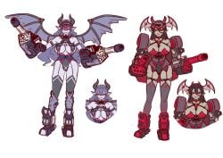 2024 2girls armored_femalemidriff bat_wings battlemech battletech big_breasts black_hair breast_spill clan_(battletech) cleavage collar concept_art demon demon_girl female gargoyle gargoyle_(battlemech) garter_straps gun_arm long_hair mech mecha mechagirl mechwarrior purple_eyes purple_skin red_eyes red_hair shikai_(artist) skindentation succubus_horns tagme thigh_highs wings