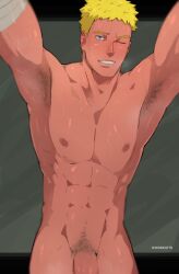 1boy abs bara bare_pectorals blonde_hair blue_eyes erection gay male male_focus male_only naruto naruto_(series) naruto_shippuden nipples nude penis solo uzumaki_naruto womo_ots yaoi