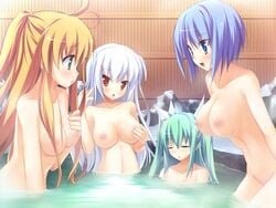 4girls ahoge aqua_hair blonde_hair blue_eyes blue_hair breasts closed_eyes ezekiel game_cg green_eyes green_hair irina_vladimirovna_putina large_breasts long_hair miyoshi_ran mound_of_venus multiple_girls nimura_yuuji nipples nude onsen open_mouth osananajimi_wa_daitouryou ouhama_yukino red_eyes short_hair tied_hair twintails two_side_up white_hair