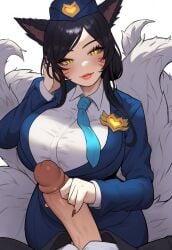1boy 1girls ahri ai_generated alternate_costume black_hair flight_attendant fox_ears fox_girl fully_clothed handjob hat league_of_legends lipstick multiple_tails nai_diffusion pov riot_games stable_diffusion straight tails vastaya whisker_markings yellow_eyes