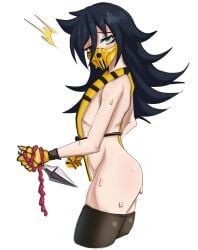 0_danvil_0 ass black_hair cosplay crossover fat_ass female flat_chest green_eyes kunai kuroki_tomoko looking_at_viewer mask mortal_kombat ninja scorpion_(mortal_kombat) shy small_clothes suprised sweating thighhighs thighs watashi_ga_motenai_no_wa_dou_kangaetemo_omaera_ga_warui!