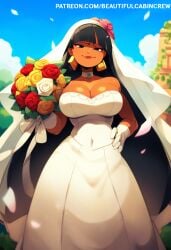 1girls ai_generated beautifulcabincrew black_hair bouquet brown_eyes chel chel_(the_road_to_el_dorado) dark-skinned_female dreamworks female gloves human large_breasts latina looking_at_viewer native_american native_latina the_road_to_el_dorado wedding_dress wedding_veil