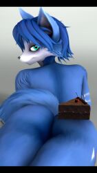 2024 3d_(artwork) absurd_res accessory anthro ass birthday_cake blue_body blue_fur blue_hair blue_tail cake canid canine dessert digital_media_(artwork) female female_anthro fluffy fluffy_tail food fox fur furgonomics gradient_background green_eyes grey_background hair hi_res krystal_(star_fox) looking_at_viewer looking_back lying mammal markings multicolored_body multicolored_ears multicolored_fur nintendo nude on_front seductive sensual silvarus simple_background smile solo star_fox tail tail_accessory tailband tattoo tribal tribal_markings tribal_tattoo warfare_krystal warfare_machine white_background white_body white_fur white_inner_ear white_markings white_tattoo