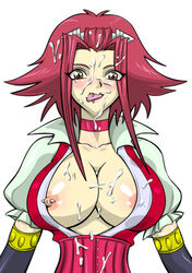 akiza_izinski breasts bukkake cum cum_in_mouth cum_on_body cum_on_breasts cum_on_tongue cum_on_upper_body female female_only human nipple_piercing nipples piercing solo straw_(artist) straw_(yokubou_hiroba) tongue_piercing yu-gi-oh! yu-gi-oh!_5d's