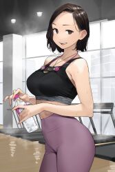 big_breasts bra curvy_figure dark_hair female female_only full_body half-dressed half_naked light-skinned_female light_skin looking_at_viewer panties shiny_skin short_hair simple_background smile solo solo_female yomu_(sgt_epper)