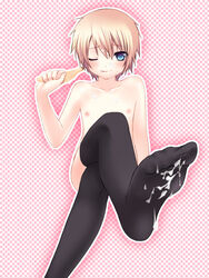 1boy absurdres aqua_eyes banana blonde_hair blue_eyes blush candy crossdressing crossed_legs cum cum_on_body cum_on_feet cum_on_lower_body facial feet flat_chest food foreshortening fruit highres legs_crossed licking_lips lollipop mikoto_(78510) nana_mikoto nipples original short_hair sitting soles thighhighs trap wink