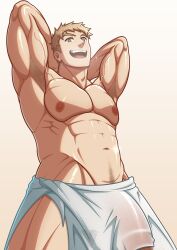 1boy abs armpit_hair bara biceps big_bulge blonde_hair bulge delicious_in_dungeon dungeon_meshi laios_touden male male_nipples male_only muscular_male nipples pecs penis penis_outline penis_under_clothes towel_only vudanshy