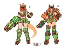 2024 2girls abs animal_ears armored_femalemidriff bandage_on_nose battlemech battletech breast_squish breasts concept_art female ginger_hair green_clothing green_eyes gun_arm highlander_(battlemech) house_liao kilt long_hair mech mecha mechagirl mechwarrior messy_hair orange_hair scar_over_eye sharp_teeth shikai_(artist) short_hair tagme tail tomboy