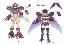 2024 2girls armored_femalemidriff battlemech battletech big_breasts bird_girl blue_feathers clan_(battletech) concept_art feathered_wings feathers female gun_arm kneehighs leotard mech mecha mechagirl mechwarrior panties shikai_(artist) silver_hair skindentation tagme turkina_(battlemech) underboob white_hair wings