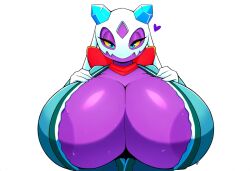 ai_generated areola_slip breasts breasts_bigger_than_head female froslass huge_breasts looking_at_viewer mullon novelai pokemon pokemon_(species) pokemon_dppt simple_background solo sweat