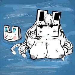 1boy 1girls breasts cube_459_(geometry_dash) femgram geometry_dash grey_nipples pale_fur wet white_body white_fur white_hair