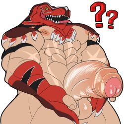 balls big_pecs bottomwear bottomwear_down claws clothing dinosaur genitals gloves handwear human humanoid_genitalia humanoid_penis king_of_dinosaurs king_of_fighters leather male male_only mammal mask morinetsu muscular muscular_legs muscular_male nipples pecs penis prehistoric_species presenting red_clothing reptile scalie snk solo sports_mask sportswear sticker telegram_sticker the_king_of_fighters vein veiny_penis wrestling_mask wrestling_outfit