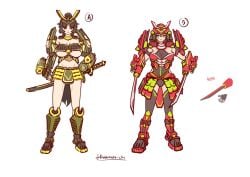 2024 2girls armored_femalemidriff battlemech battletech big_breasts brown_eyes brown_hair cleavage concept_art female hatamoto_chi_(battlemech) house_kurita kabuto_(helmet) katana mech mecha mechagirl mechwarrior ponytail scar_over_eye shikai_(artist) short_hair sword tagme thigh_highs underboob