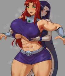 2girls abs alternate_breast_size armpit_hair armpits batako blush breast_grab breasts dc_comics female female_only green_eyes huge_breasts multiple_girls muscular_female raven_(dc) red_head skirt starfire tagme underboob yuri