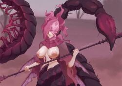 big_breasts boss_monster centipede_girl elden_ring eye_closed flower_hair fromsoftware holding_weapon huge_breasts insect_girl monster_girl pink_hair puffy_nipples romina_(elden_ring) romina_saint_of_the_bud scorpion_girl scorpion_tail shadow_of_the_erdtree succubustail weapon