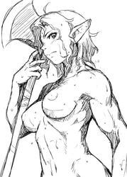 axe breasts elf elvaan female female_only final_fantasy final_fantasy_xi gochou_(kedama) monochrome muscle navel nipples pointy_ears sketch solo sweat text translation_request weapon