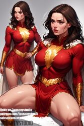 ai-created ai_generated artist_name black_hair breasts brown_eyes brown_hair cape closed_mouth clothing dc dc_comics dress female female_only forehead grey_background hand_on_hip jousneystudio justice_league large_breasts lips long_hair looking_at_viewer marvel marvel_comics mary_batson mary_marvel multiple_views muscular_female original pelvic_curtain red_cape red_dress sitting skirt solo spread_legs stable_diffusion superhero thick_thighs thighs watermark web_address