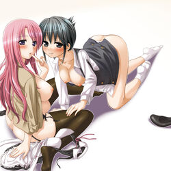 2girls black_hair black_legwear black_thighhighs blush bottomless breasts dream_c_club female footwear garter_belt garters hitsuji_hako large_breasts long_hair maid multiple_girls nipples open_clothes open_shirt pink_hair receptionist_(dream_c_club) rui_(dream_c_club) shirt sitting smile socks thighhighs uniform yuri