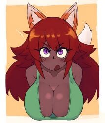 2022 2022s absurd_res animal_ears bare_shoulders big_breasts breasts brown_skin brown_skinned_female cleavage dark-skinned_female dark_skin docecaedrus female female_focus female_only fox_ears fox_tail hanging_breasts huge_breasts large_breasts long_hair looking_at_viewer looking_up open_mouth purple_eyes red_hair red_hair_female shiny_hair shiny_skin solo tail terraria topwear zoologist_(terraria)