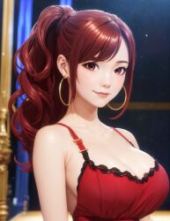 ai_generated blush cleavage closed_mouth curly_hair dress earrings female flakesai high_ponytail high_resolution highres hoop_earrings huge_breasts i_got_a_cheat_skill_in_another_world_and_became_unrivaled_in_the_real_world,_too jewelry kaede_(i_got_a_cheat_skill_in_another_world_and_became_unrivaled_in_the_real_world,_too) lace_clothing lipstick long_hair looking_at_viewer neckline night_dress pink_lips ponytail red_dress red_eyes red_hair saloon seductive seductive_look seductive_smile shiny_skin sideboob skindentation stable_diffusion straps sweat very_long_hair