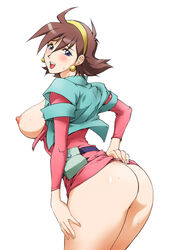 1girls ass blue_eyes breasts brown_hair bubble_butt curvaceous dat_ass earrings female g_gundam gundam highres huge_ass human jewelry konkitto large_breasts leaning_forward looking_back nipples no_panties open_clothes open_mouth open_shirt pale-skinned_female pale_skin presenting rain_mikamura shirt short_hair sideboob skirt skirt_lift smile thick_thighs torn_clothes wide_hips