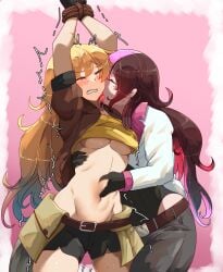 2girls bakasplilzy blonde_hair licking neo_(rwby) rope_ rope_bondage rwby yang_xiao_long yuri