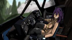 2020 battlemech battletech bikini blue_eyes catapult_(battlemech) cockpit female gold_bikini human mechwarrior mischievous_smile original_character purple_hair sideboob signature smile solo_female tagme tan_body thigh_highs wildcat144