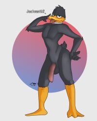 anatid anseriform anthro avian balls beak big_penis bird black_body cocked_hip daffy_duck digital_media_(artwork) duck feathers feet flaccid foreskin genitals hand_on_hip hi_res humanoid_genitalia humanoid_penis krowbutt long_penis looking_at_viewer looney_tunes male membrane_(anatomy) nude penis simple_background smile smiling_at_viewer solo standing tail tail_feathers talking_to_viewer toes tongue tongue_out warner_brothers webbed_feet