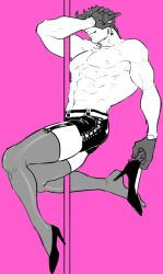 1boy battle_tendency high_heels high_heels_removed joestar_birthmark jojo's_bizarre_adventure joseph_joestar male male_only nakaji pole pole_dancing solo tongue_out v_sign