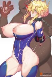 1boy 1girls artoria artoria_pendragon artoria_pendragon_(fate) artoria_pendragon_(lancer) big_breasts blonde_female blonde_hair bondage dark-skinned_male degradation fate/grand_order fate_(series) female huge_breasts light-skinned_female light_skin male slave