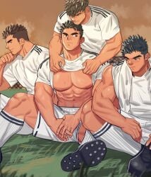 4boys bara bare_pectorals cocky fraternity lad large_pectorals male male_focus male_only manly muscular muscular_male original pectorals short_hair sports sportswear thick_eyebrows yaoi youchi123