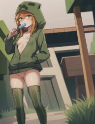 ai_generated creeper-chan creeper_(minecraft) creeper_girl cupa flashing flashing_breasts flashing_pussy green_hoodie hand_in_pocket minecraft mob_talker orange_eyes orange_hair popsicle popsicle_in_mouth thighhighs