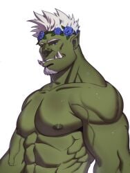 1boy abs azzarash bara beard biceps blue_eyes ear_piercing earrings facial_hair fangs flower_crown flowers green_body green_skin guppo looking_at_viewer male male_only muscles muscular muscular_male nipples no_visible_genitalia nose_piercing orc pecs piercing pointy_ears shirtless shirtless_male smile smiling solo solo_male teeth teeth_visible veiny_muscles video_games white_hair world_of_warcraft