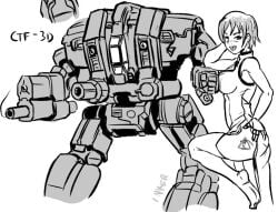 2017 battlemech battletech breast_squish buttpants cataphract_(battlemech) female house_liao inkeranon licking_lips mech mechwarrior monochrome pinup presenting_ass short_hair signature solo_female tagme tattoo_on_butt thighhighs tongue white_background