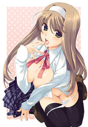 blush breasts breasts_out cleavage cum finger_licking hairband large_breasts licking long_hair open_clothes open_mouth open_shirt original panties panty_pull school_uniform shirt takei_ooki takeiooki thighhighs tongue underwear