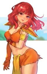1girls alternate_costume arm_under_breasts bangs bare_midriff bare_thighs breasts celica_(fire_emblem) cleavage female female_only fire_emblem fire_emblem_echoes:_shadows_of_valentia fire_emblem_gaiden large_breasts long_hair looking_at_viewer medium_breasts midriff nintendo official_alternate_costume r123 red_eyes red_hair shorts smile solo thighs
