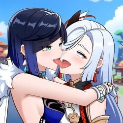 ai_generated french_kissing genshin_impact kissing powerhouserift shenhe_(genshin_impact) tongue_kiss tongue_touching_another's_tongue tongues_touching yelan_(genshin_impact) yuri