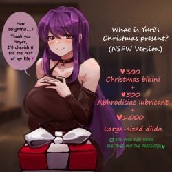 big_breasts breasts butterflan01 collar doki_doki_literature_club english_text gift gift_bow gift_box long_hair purple_eyes purple_hair speech_bubble text text_bubble yuri_(doki_doki_literature_club)