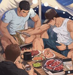 3boys bara bare_pectorals bulge camping large_pectorals male male_focus male_only muscular muscular_male original pectorals short_hair shorts thick_eyebrows yaoi youchi123