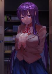 1female 1girls 5_fingers blue_skirt breasts butterflan01 doki_doki_literature_club long_hair purple_eyes purple_hair skirt yuri_(doki_doki_literature_club)