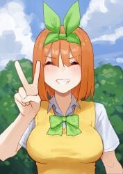 amog blush bob_cut bow breasts collared_shirt commentary_request female go-toubun_no_hanayome green_bow green_hairband green_ribbons hair_between_eyes hair_ribbon hairband highres large_breasts medium_hair nakano_yotsuba orange_hair ribbon school_uniform shirt smile solo sweater sweater_vest white_shirt yellow_sweater yellow_sweater_vest