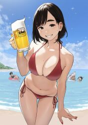 big_breasts bra curvy_figure dark_hair female female_only full_body half-dressed half_naked light-skinned_female light_skin looking_at_viewer panties shiny_skin short_hair simple_background smile solo solo_female yomu_(sgt_epper)