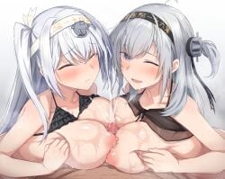 1boy 2girls absurdres bikini black_bikini breasts censored closed_eyes clothes_writing cooperative_paizuri cum double_paizuri ejaculation female fuyutsuki_(kantai_collection) grey_eyes grey_hair hachimaki hair_between_eyes hairband highres kantai_collection large_breasts long_hair looking_at_viewer male male/female mosaic_censoring multiple_girls official_alternate_costume one_eye_closed one_side_up open_mouth paizuri penis pov projectile_cum sabo_(12454861) simple_background straight suzutsuki_(kantai_collection) suzutsuki_(swimsuit_mode)_(kantai_collection) sweat swimsuit