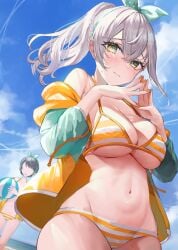2girls absurdres ball bare_shoulders beach beachball bikini blue_sky blush bow braid breasts cleavage cloud cosplay cowboy_shot day faceless faceless_female fingernails green_eyes grey_hair hair_between_eyes hair_ornament hairbow highres hololive jacket jacket_partially_removed large_breasts light_blush light_smile long_hair looking_at_viewer looking_down multiple_girls navel ocean oozora_subaru oozora_subaru_(cosplay) open_clothes open_jacket own_hands_together ponytail rum_raisin_(chihiromakita19) shirogane_noel sidelocks sky smile solo_focus standing stomach striped_bikini striped_clothes swimsuit thick_eyelashes virtual_youtuber water yellow_bikini