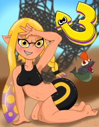 1girls agent_3_(splatoon_3) barefoot black_shorts black_sports_bra feet female female_solo humanoid inkling inkling_girl navel nintendo shorts solo solo_female solo_only splatoon splatoon_3 sports_bra sportswear yellow_eyes yellow_hair